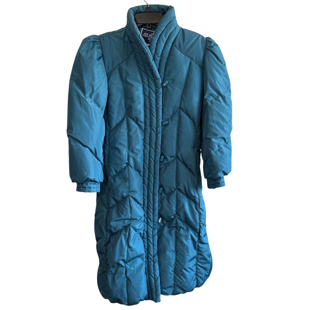 Vintage Sno Down Size Medium Teal Blue Down Filled Puffer Parka Coat Winter